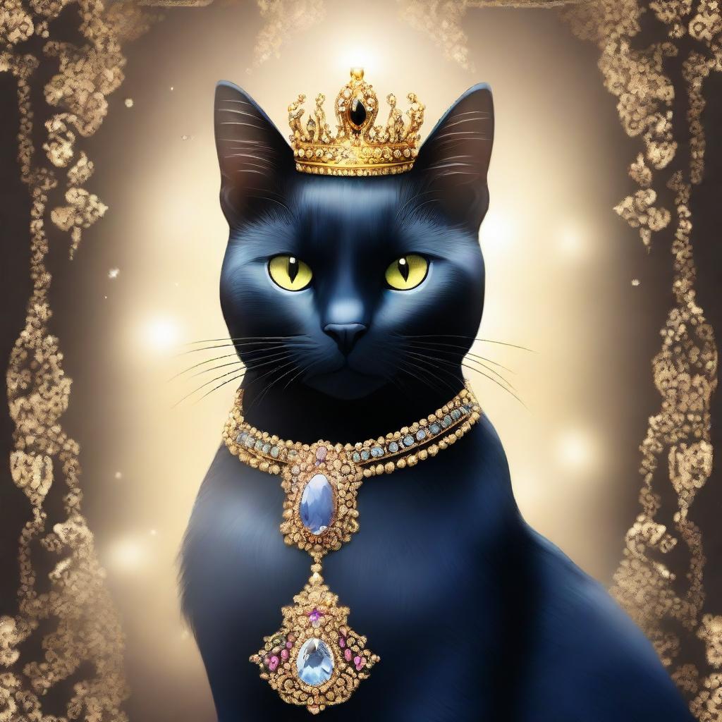 A regal black cat princess adorned with a crown made of sparkling gems