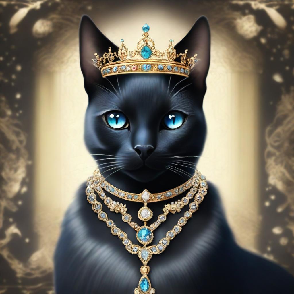 A regal black cat princess adorned with a crown made of sparkling gems