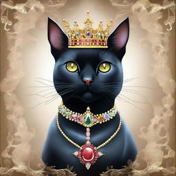 A regal black cat princess adorned with a crown made of sparkling gems