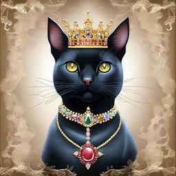 A regal black cat princess adorned with a crown made of sparkling gems