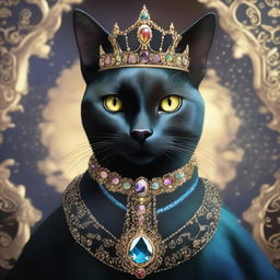 A regal black cat princess adorned with a crown made of sparkling gems