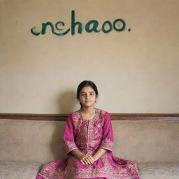 A Pakistani girl, dressed in traditional attire, is seated comfortably on a sofa. On the wall behind her, the name 'Mehroo' is tastefully written.