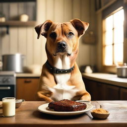 A cute dog enjoying a plate of ribs in a cozy kitchen setting