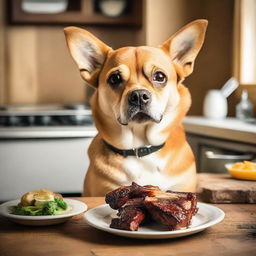 A cute dog enjoying a plate of ribs in a cozy kitchen setting