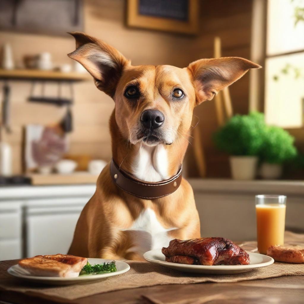 A cute dog enjoying a plate of ribs in a cozy kitchen setting