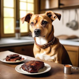 A cute dog enjoying a plate of ribs in a cozy kitchen setting