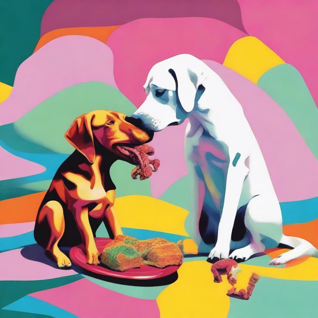 A surreal and abstract image of a dog eating another dog