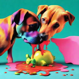 A surreal and abstract image of a dog eating another dog