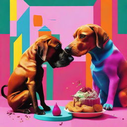 A surreal and abstract image of a dog eating another dog