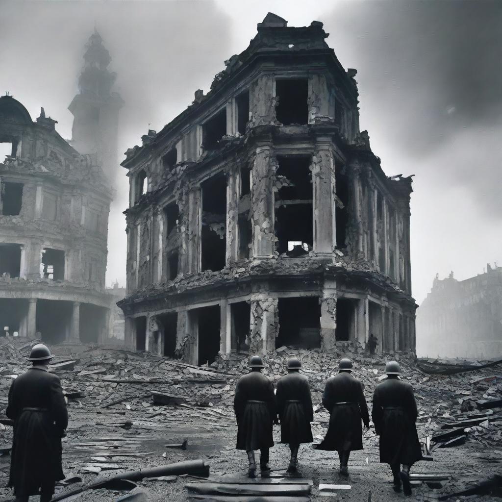 A dramatic depiction of the downfall of the German Reich, showcasing crumbling buildings, defeated soldiers, and a somber atmosphere