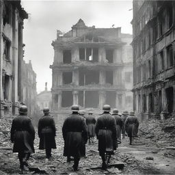 A dramatic depiction of the downfall of the German Reich, showcasing crumbling buildings, defeated soldiers, and a somber atmosphere