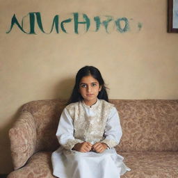 A Pakistani girl, dressed in traditional attire, is seated comfortably on a sofa. On the wall behind her, the name 'Mehroo' is tastefully written.