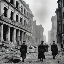 A dramatic depiction of the downfall of the German Reich, showcasing crumbling buildings, defeated soldiers, and a somber atmosphere