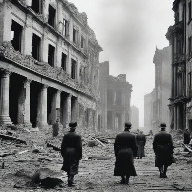 A dramatic depiction of the downfall of the German Reich, showcasing crumbling buildings, defeated soldiers, and a somber atmosphere