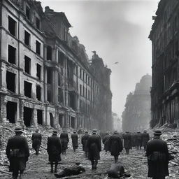 A dramatic depiction of the downfall of the German Reich, showcasing crumbling buildings, defeated soldiers, and a somber atmosphere