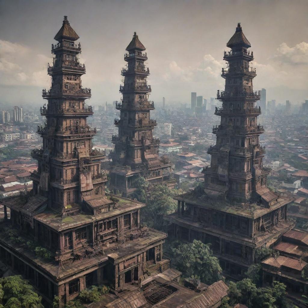 A cityscape of Indonesia infused with a Dieselpunk aesthetic. Imagine intricate machinery, aged metal structures, art deco-inspired skyscrapers, and dense, smoky air mingling with the traditional Indonesian architecture and tropical environment.