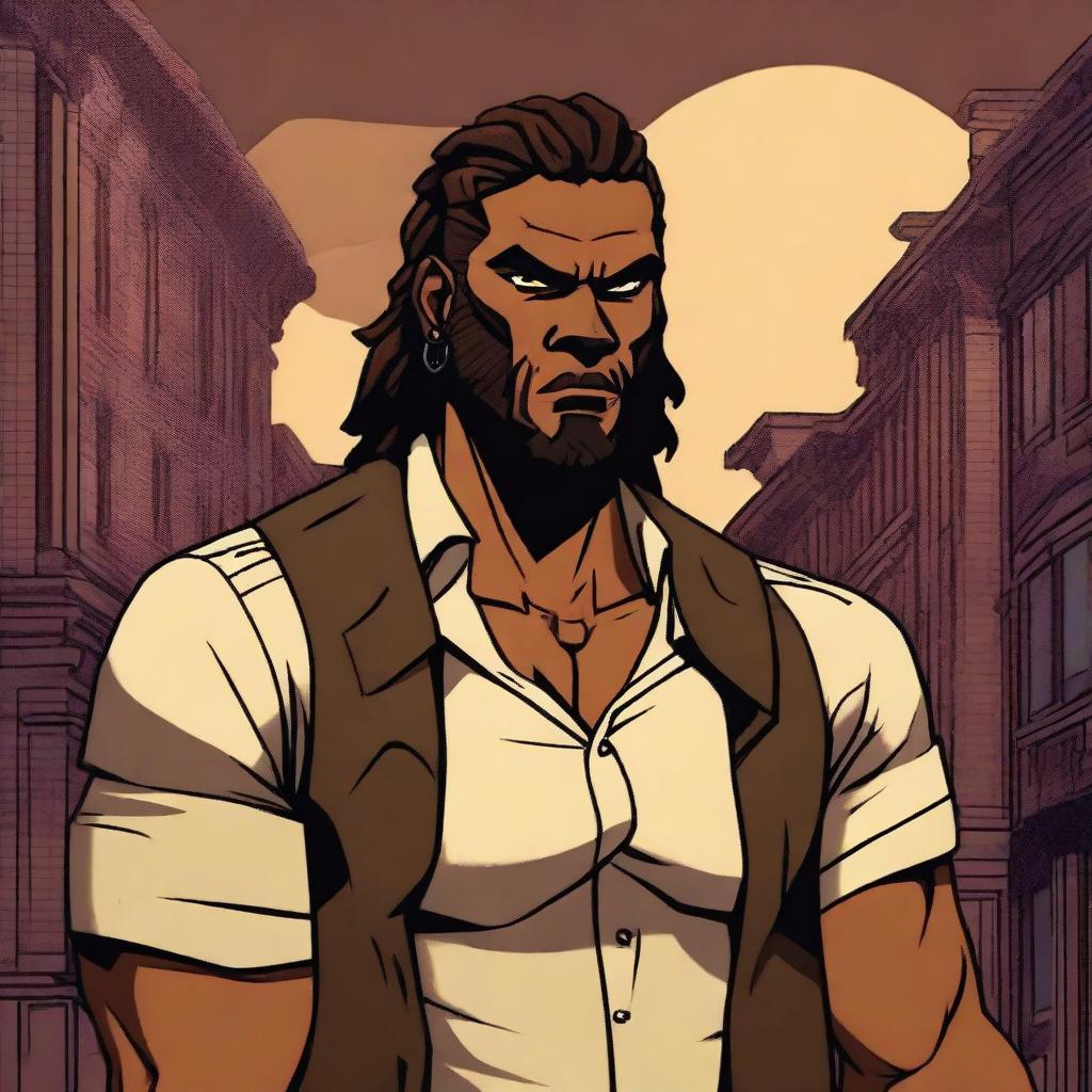 An African American half-wolf character with dreadlocks, resembling Bigby from 'The Wolf Among Us'