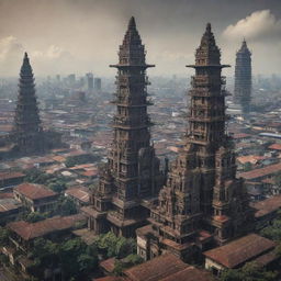 A cityscape of Indonesia infused with a Dieselpunk aesthetic. Imagine intricate machinery, aged metal structures, art deco-inspired skyscrapers, and dense, smoky air mingling with the traditional Indonesian architecture and tropical environment.