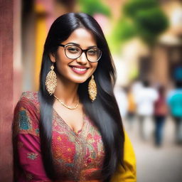 A beautiful Indian girl with long dark hair, wearing stylish glasses