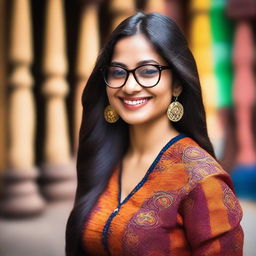 A beautiful Indian girl with long dark hair, wearing stylish glasses