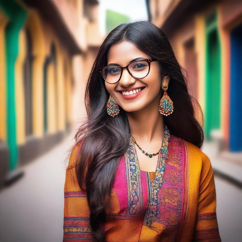 A beautiful Indian girl with long dark hair, wearing stylish glasses