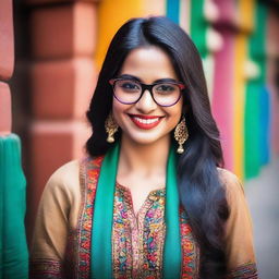 A beautiful Indian girl with long dark hair, wearing stylish glasses