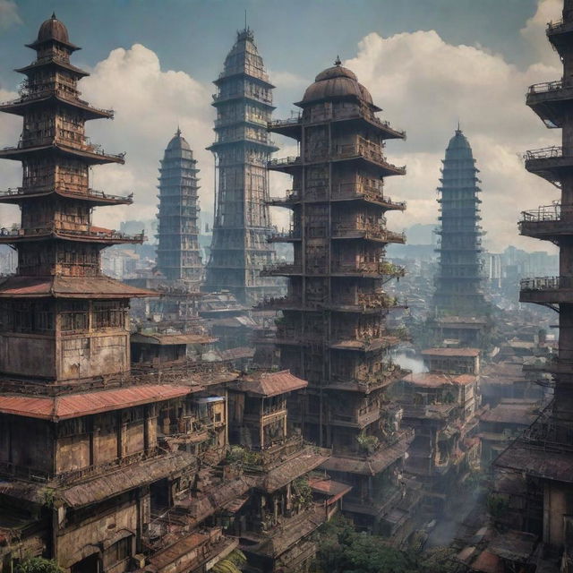 A cityscape of Indonesia infused with a Dieselpunk aesthetic. Imagine intricate machinery, aged metal structures, art deco-inspired skyscrapers, and dense, smoky air mingling with the traditional Indonesian architecture and tropical environment.