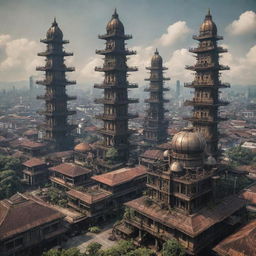 A cityscape of Indonesia infused with a Dieselpunk aesthetic. Imagine intricate machinery, aged metal structures, art deco-inspired skyscrapers, and dense, smoky air mingling with the traditional Indonesian architecture and tropical environment.