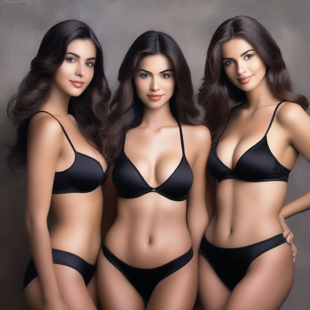 A realistic portrait of three girls with perfect bodies, wearing black bras that highlight their cleavage