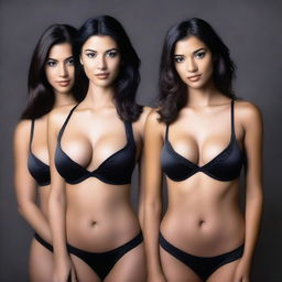 A realistic portrait of three girls with perfect bodies, wearing black bras that highlight their cleavage