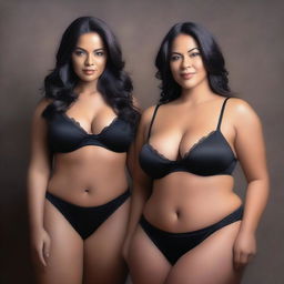 A realistic portrait of three girls with perfect bodies, wearing black bras that highlight their cleavage