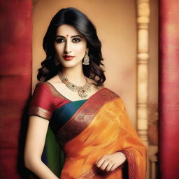 A beautiful and elegant depiction of Shruti Hassan wearing a traditional Indian saree