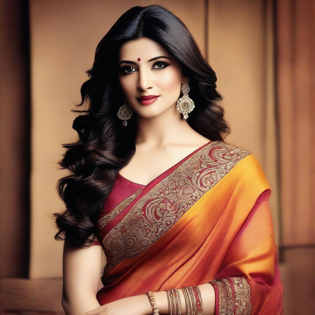 A beautiful and elegant depiction of Shruti Hassan wearing a traditional Indian saree