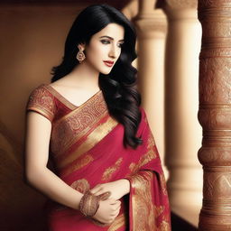 A beautiful and elegant depiction of Shruti Hassan wearing a traditional Indian saree