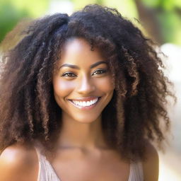 A beautiful Black woman with long, curly hair and light brown eyes