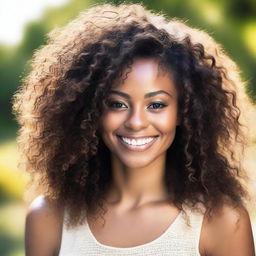 A beautiful Black woman with long, curly hair and light brown eyes