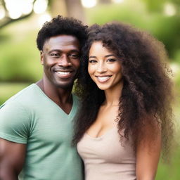 A beautiful Black woman with long, curly hair and brown eyes standing next to a handsome Black man with green eyes