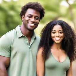 A beautiful Black woman with long, curly hair and brown eyes standing next to a handsome Black man with green eyes