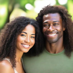 A beautiful Black woman with long, curly hair and brown eyes standing next to a handsome Black man with green eyes