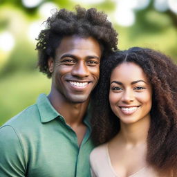 A beautiful Black woman with long, curly hair and brown eyes standing next to a handsome Black man with green eyes