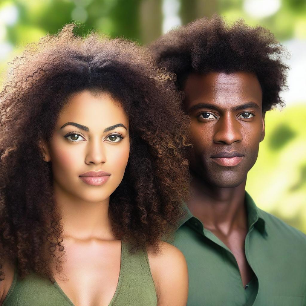 A beautiful Black woman with long, curly hair and brown eyes standing next to a handsome Black man with green eyes