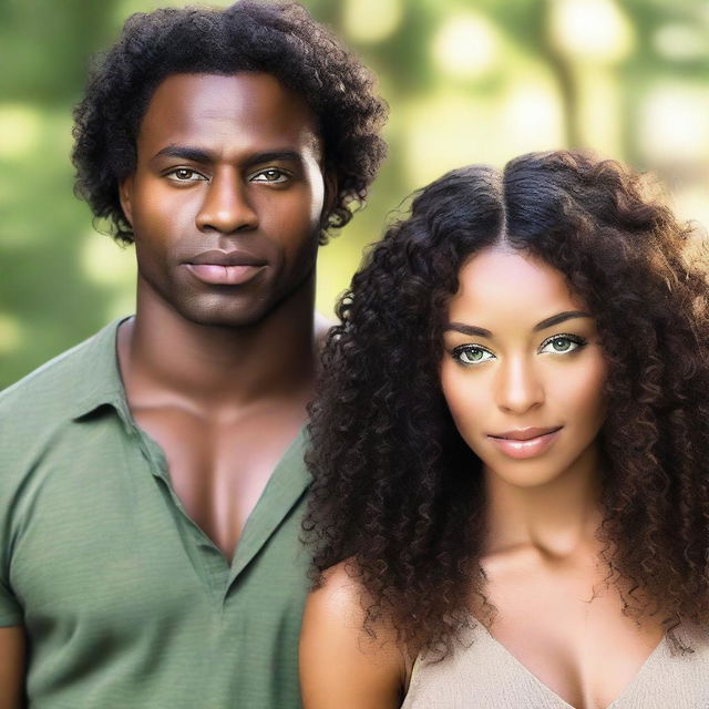 A beautiful Black woman with long, curly hair and brown eyes standing next to a handsome Black man with green eyes