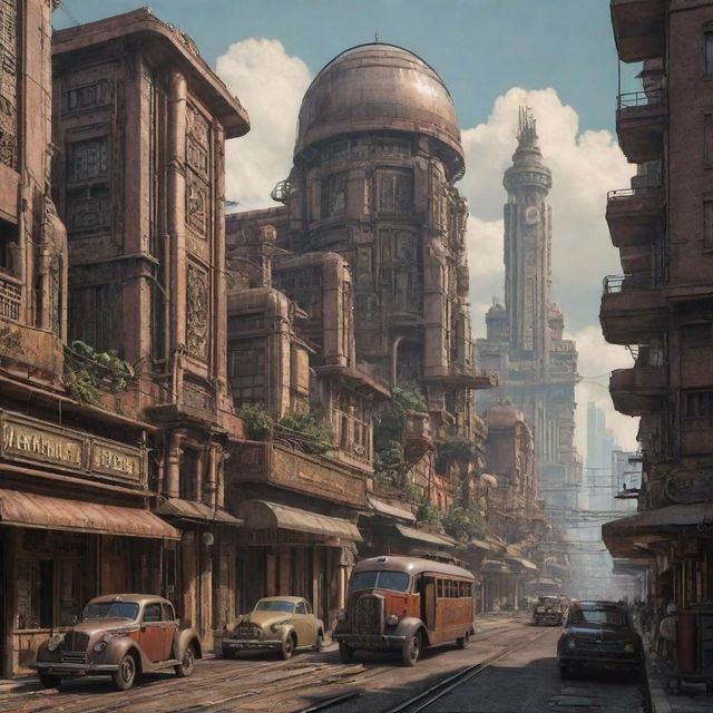 Indonesian cityscape reimagined in a dieselpunk aesthetic, featuring retro-futuristic machinery and architectural elements fusing traditional Indonesian motifs and dieselpunk industrial style.