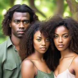 A beautiful Black woman with long, curly hair and brown eyes standing next to a handsome Black man with green eyes