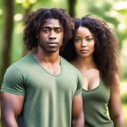 A beautiful Black woman with long, curly hair and brown eyes standing next to a handsome Black man with green eyes