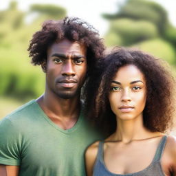 A beautiful Black woman with long, curly hair and brown eyes standing next to a handsome Black man with green eyes and short hair