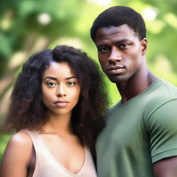 A beautiful Black woman with long, curly hair and brown eyes standing next to a handsome Black man with green eyes and short hair