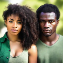 A beautiful Black woman with long, curly hair and brown eyes standing next to a handsome Black man with green eyes and short hair