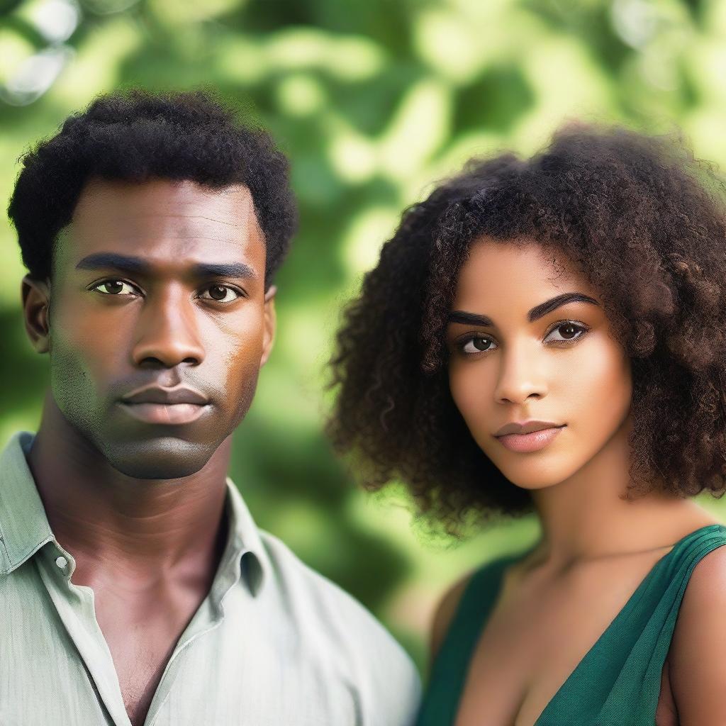 A beautiful Black woman with long, curly hair and brown eyes standing next to a handsome Black man with green eyes and short hair