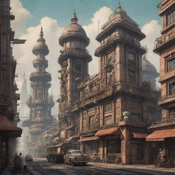 Indonesian cityscape reimagined in a dieselpunk aesthetic, featuring retro-futuristic machinery and architectural elements fusing traditional Indonesian motifs and dieselpunk industrial style.